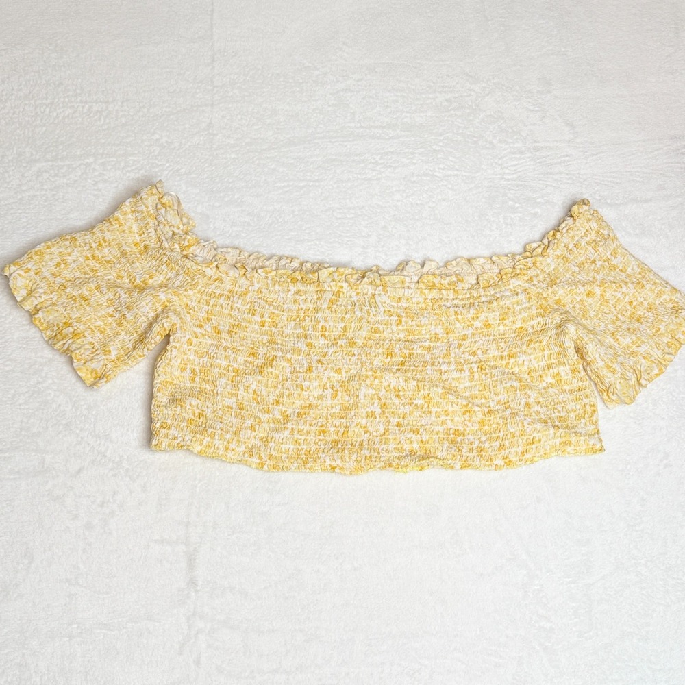 Francesca's XL Yellow Smocked Off Shoulder Floral Crop Top Boho Cottagecore